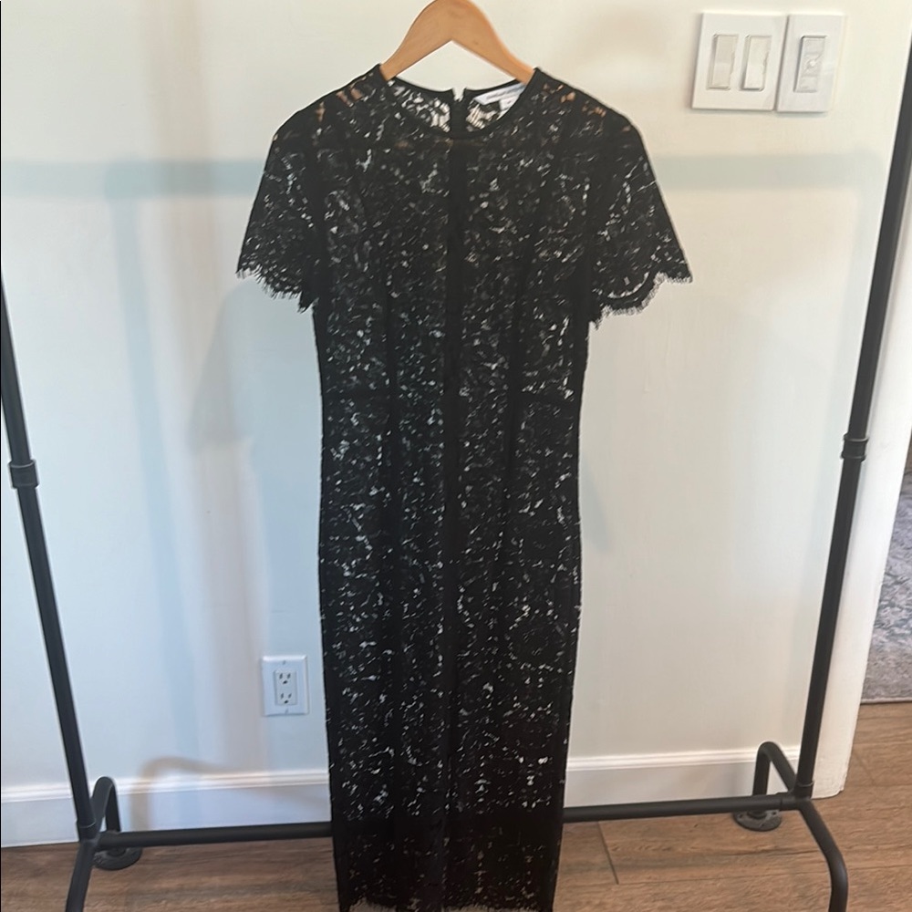 Diane Von Furstenberg Black Sheath Midi Dress with Flutter Sleeves